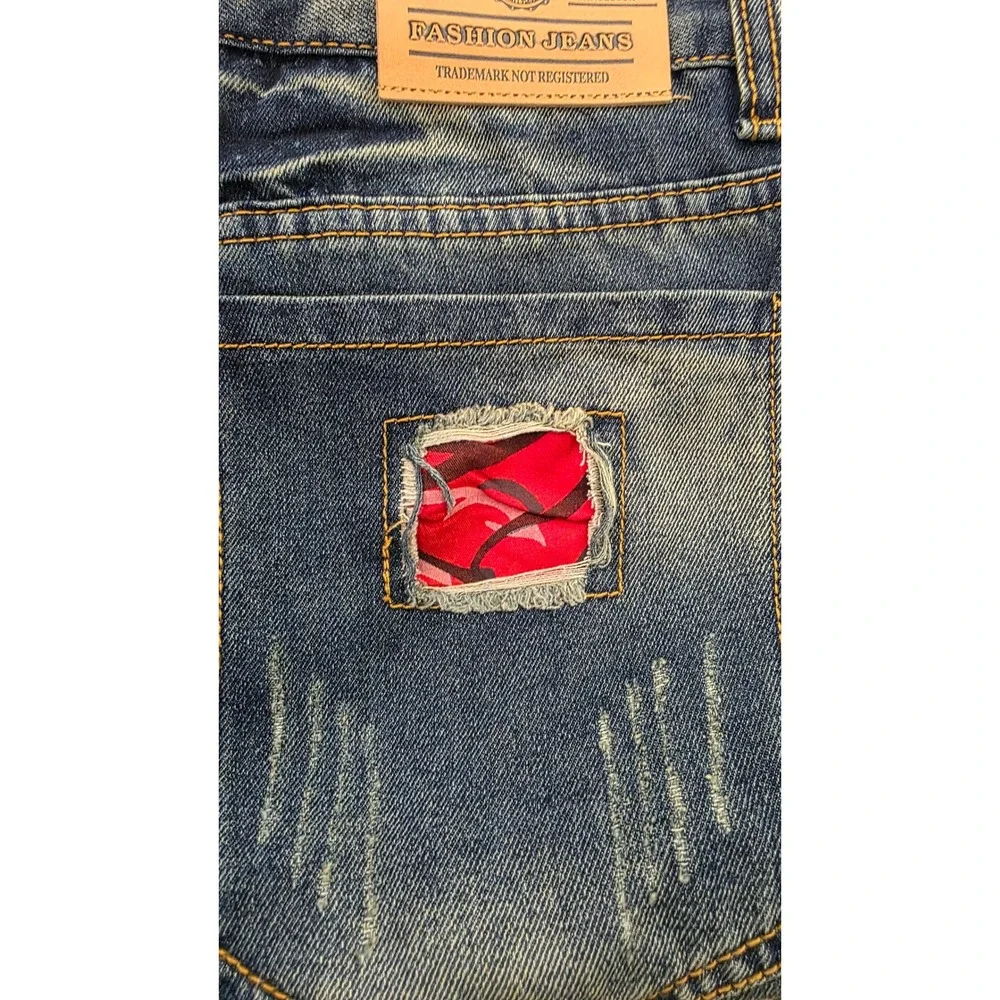 Fashion Jeans Wear Men's Distressed Denim Shorts Blue Red Camo Patchwork Size 34
